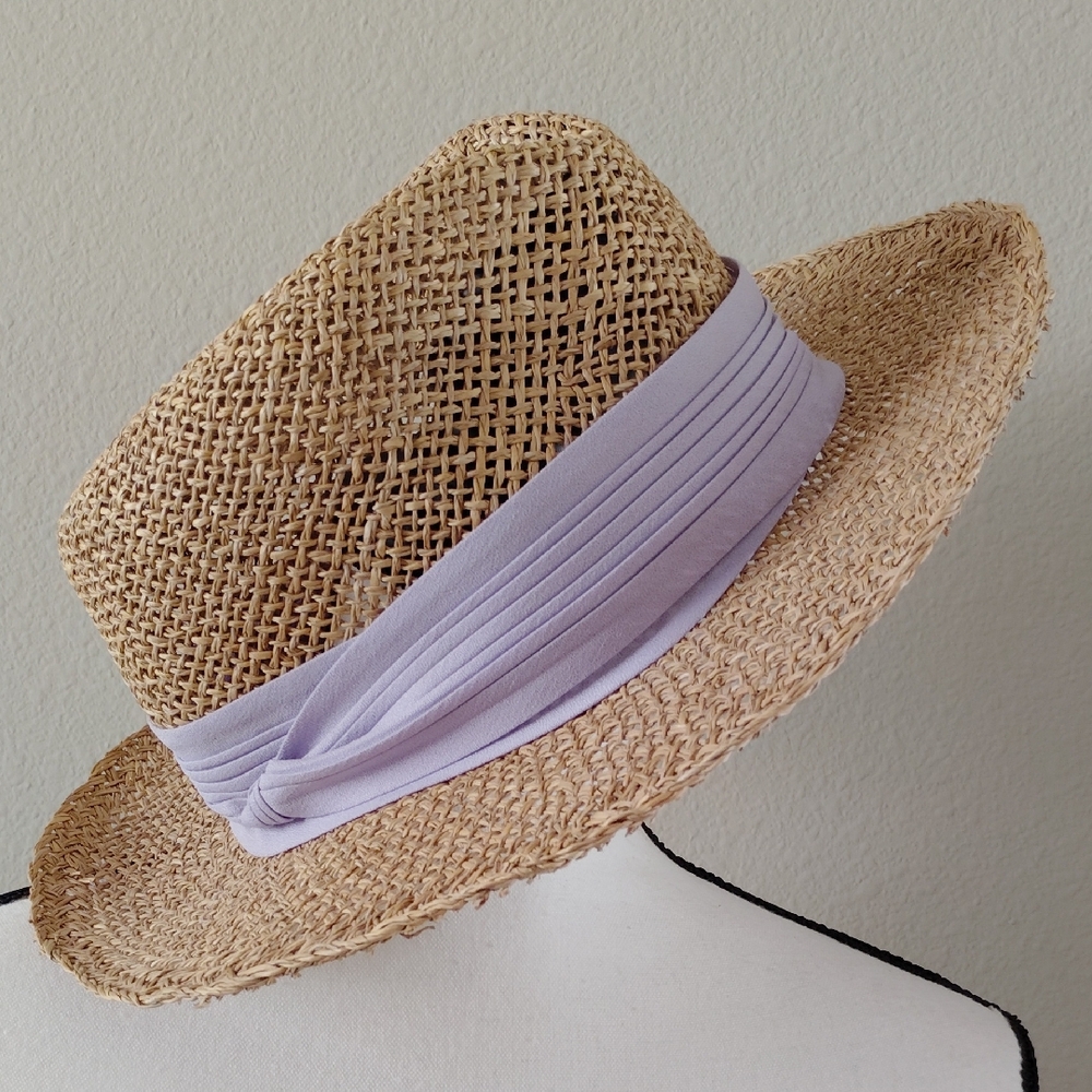 Tan Straw Hat with Pleated Lavender Band